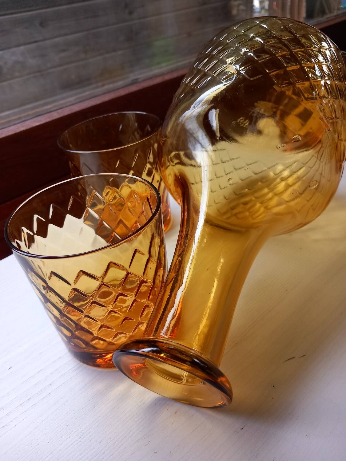 Carafe + 5 glasses, amber glass