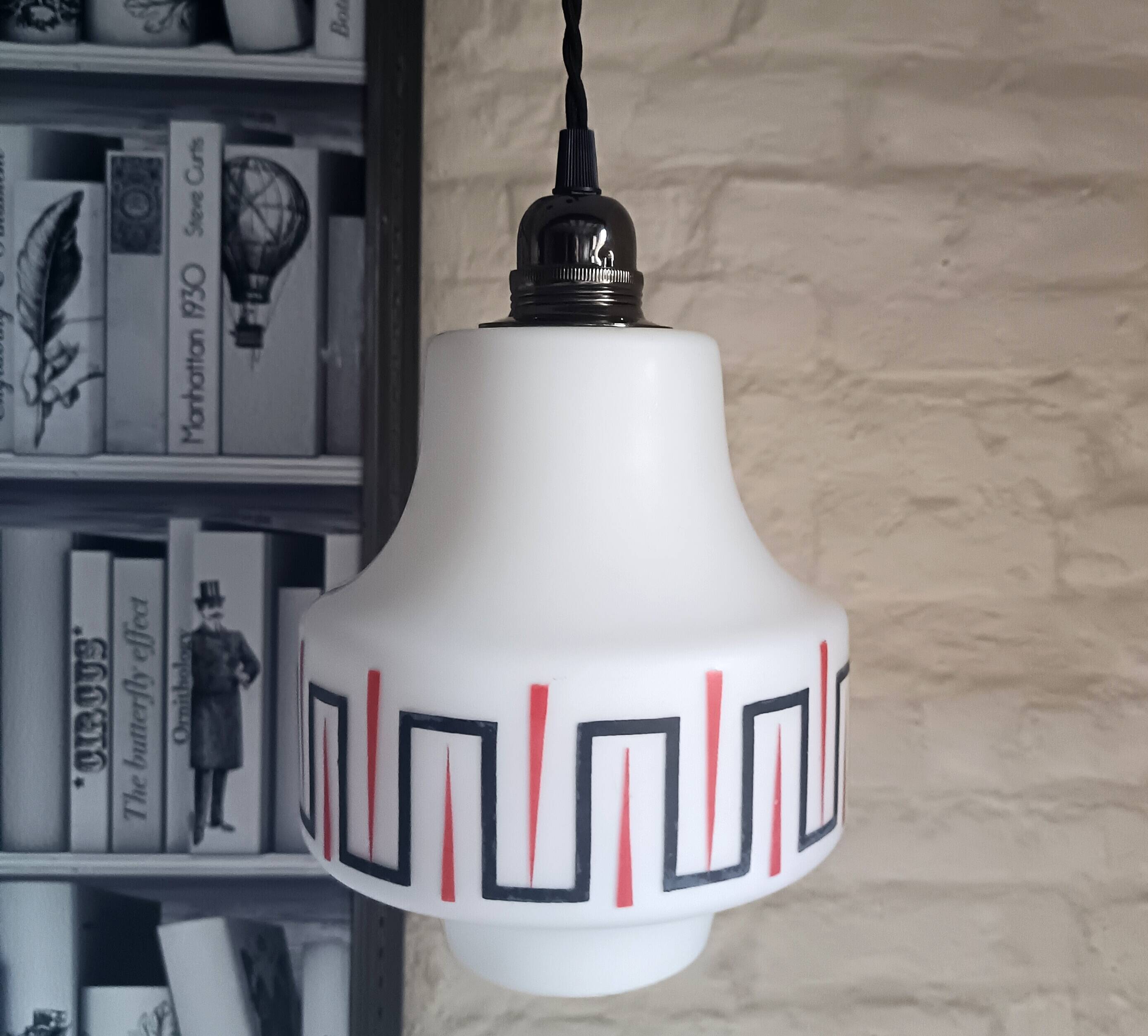Vintage opaline glass pendant light, red and black geometric patterns, 1960s
