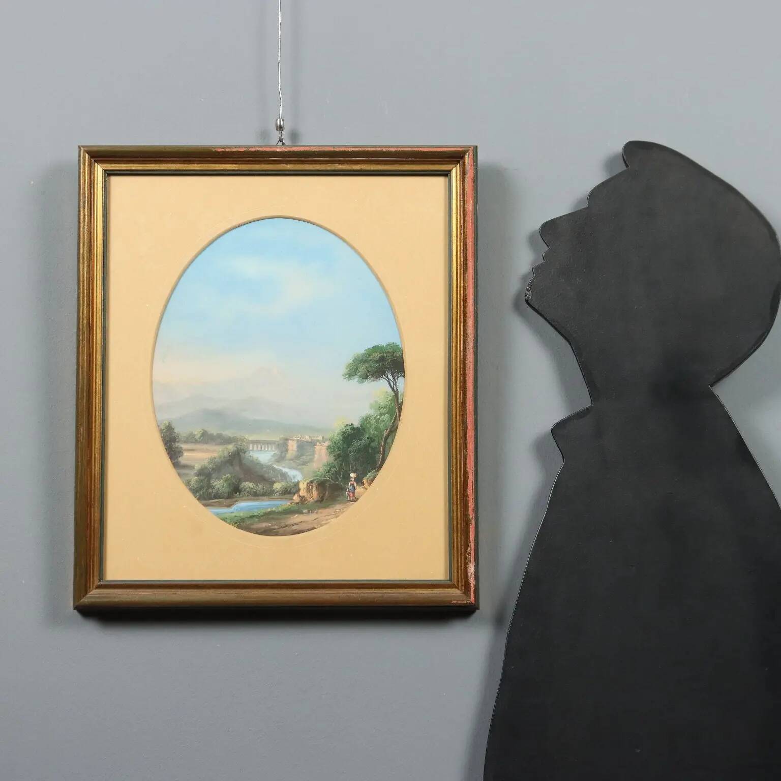 Modern painting landscape with figures, tempera on cardboard, '900