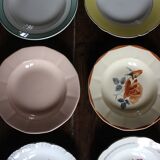 6 mismatched deep plates in floral colours from Digoin, Sarreguemines, Gien.