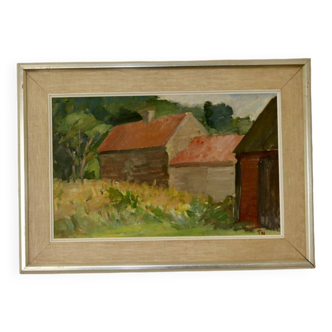 Swedish Mid-Century Oil On Board Painting" Gårdar Eriksöre Öland" by Tage E. Nilsson