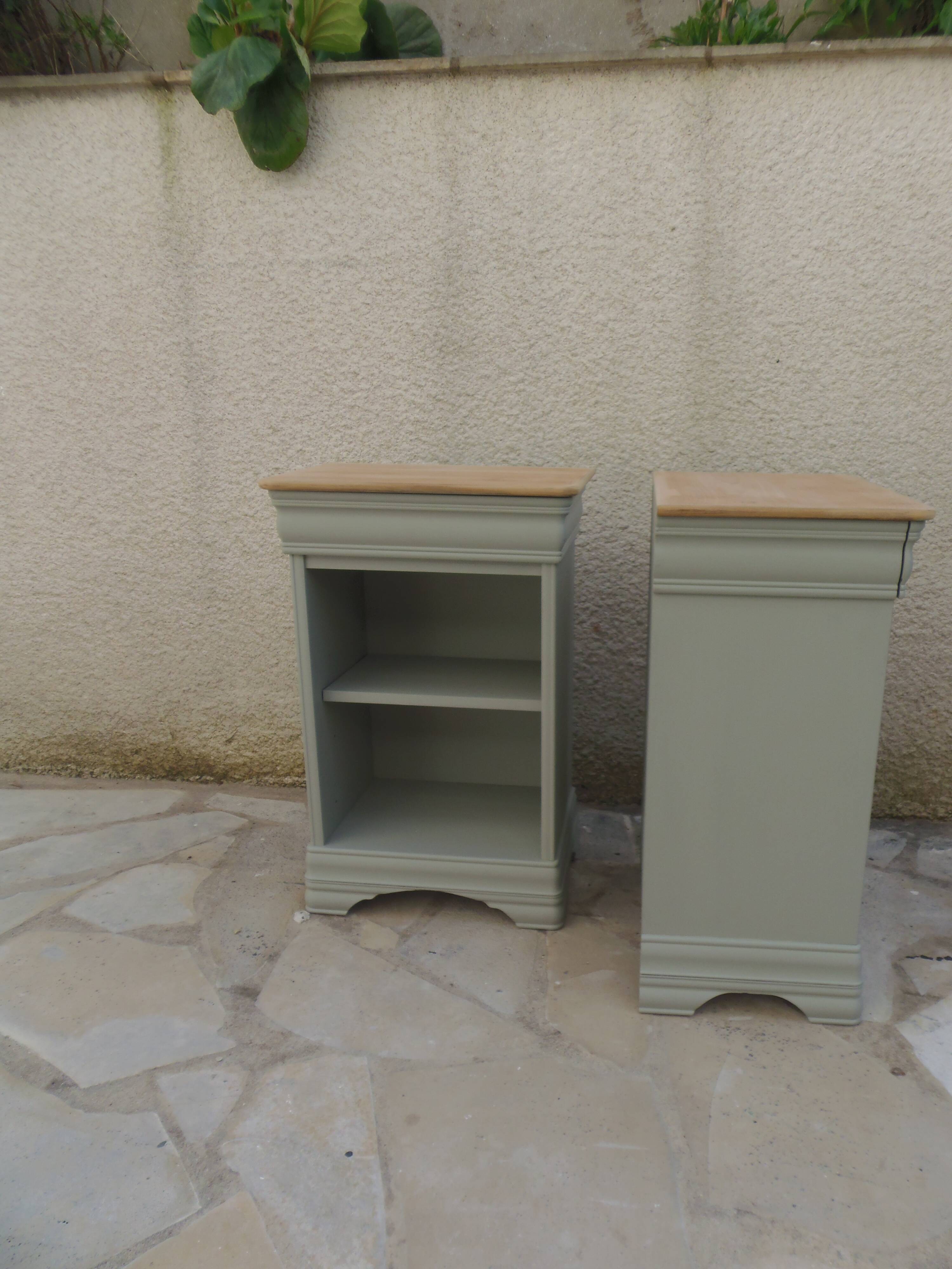 2 Louis Philippe style bedside tables reimagined in grey-green, wooden top.