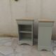 2 Louis Philippe style bedside tables reimagined in grey-green, wooden top.