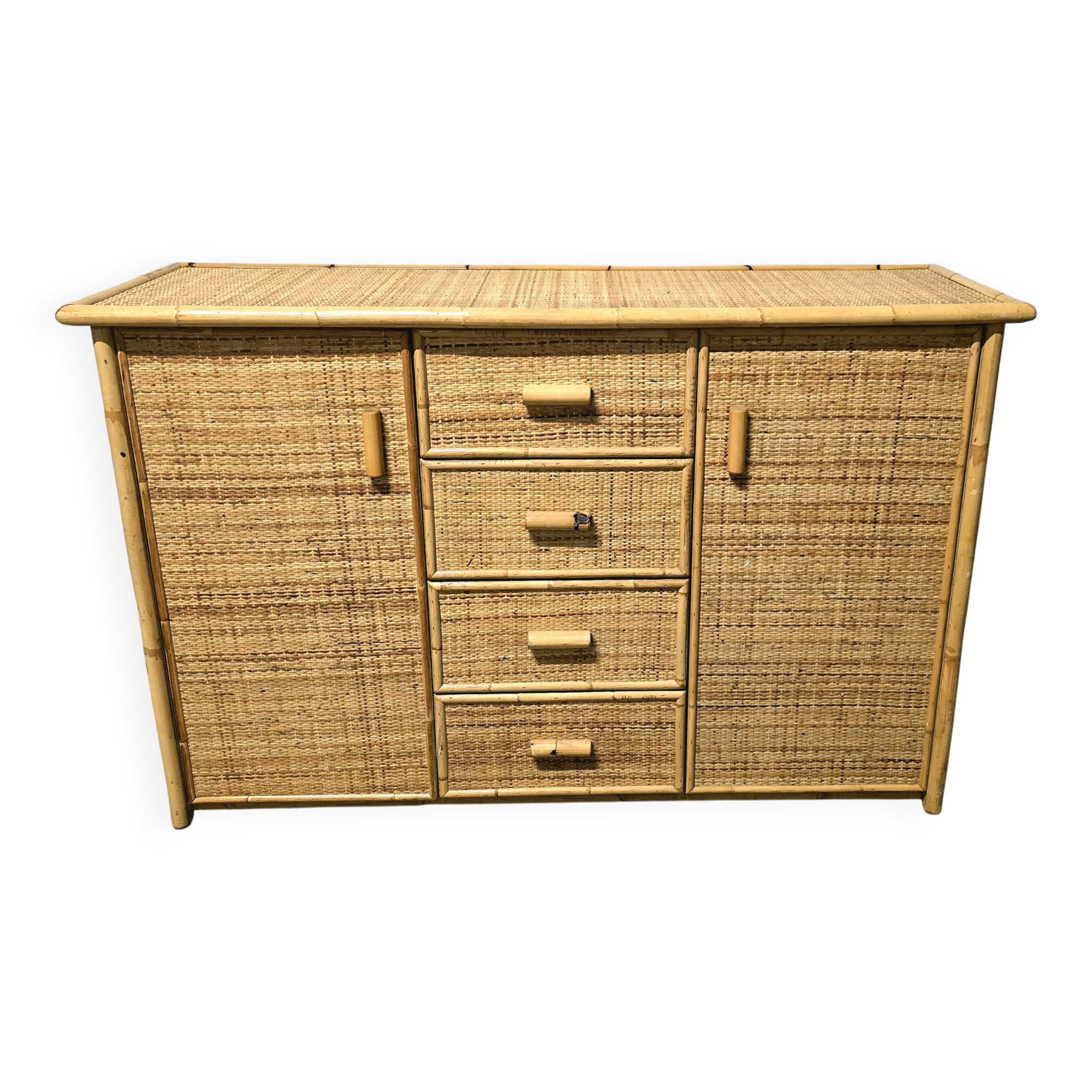 Vintage woven rattan and natural bamboo sideboard - Italy 1970s