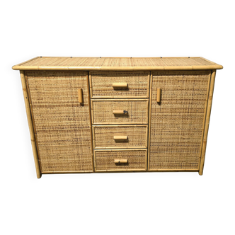 Buffet - enfilade en rotin tressé et bambou naturel vintage - Italie 1970
