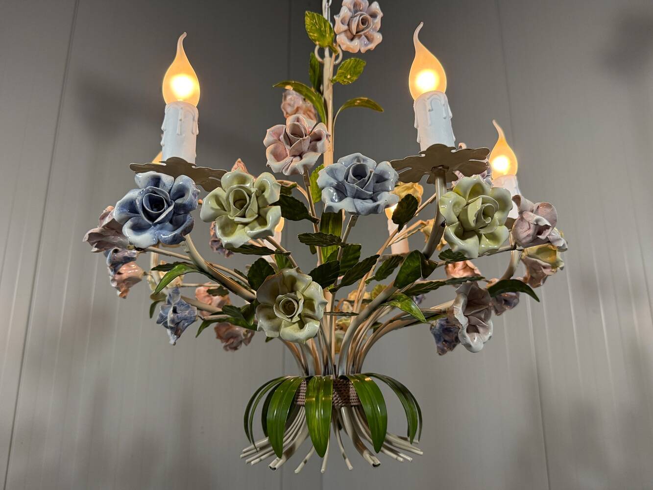 Italian tole chandelier porcelain flowers 1950’s