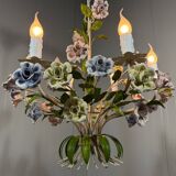 Italian tole chandelier porcelain flowers 1950’s