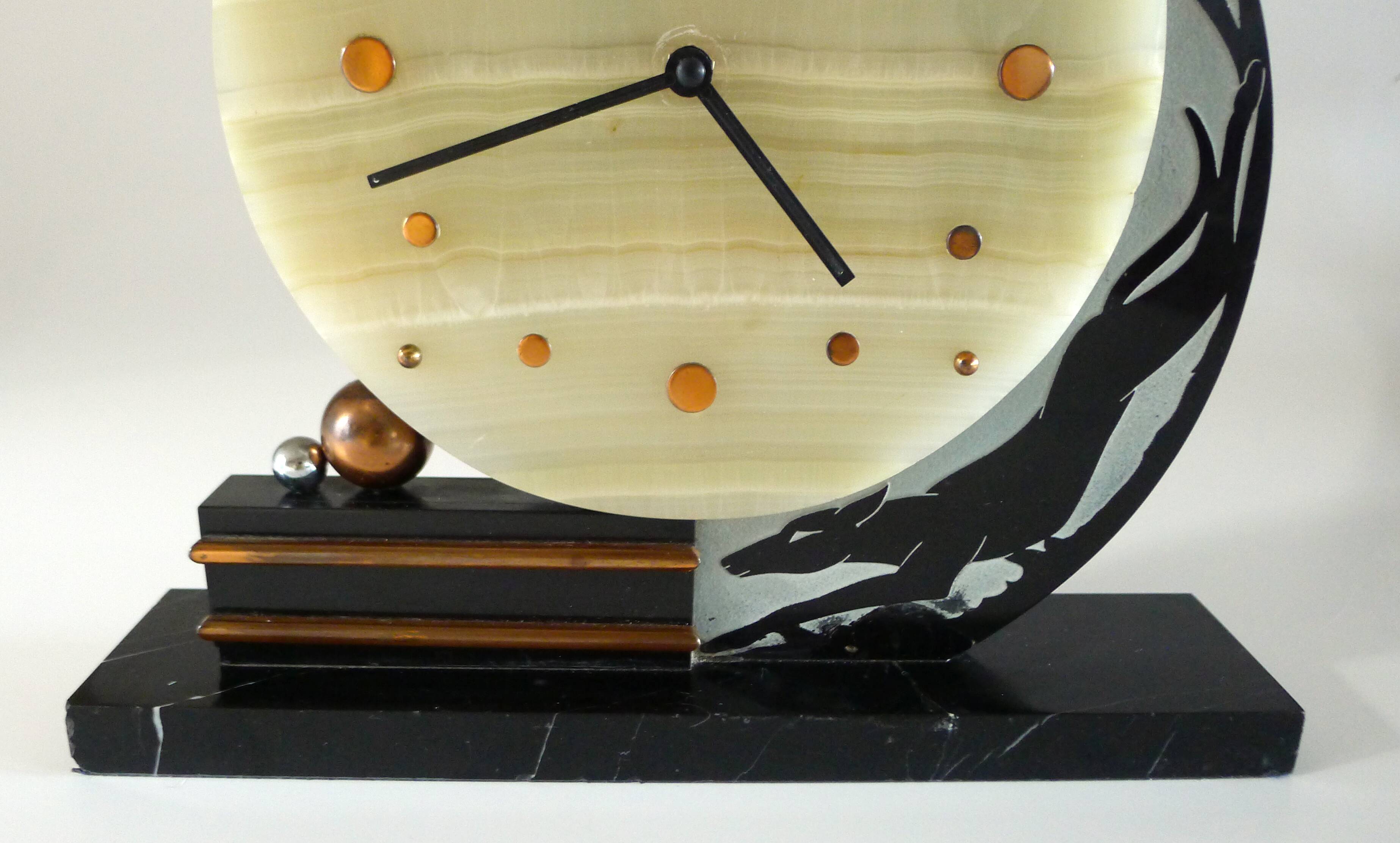 Art deco clock greyhound, marble and copper