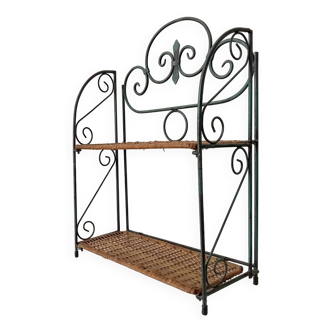 Vintage wall or table shelf in wrought iron and rattan