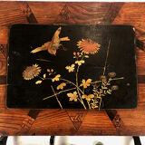 Series of three nesting tables, lacquer decorated with trendy birds and marquetry. circa 1900