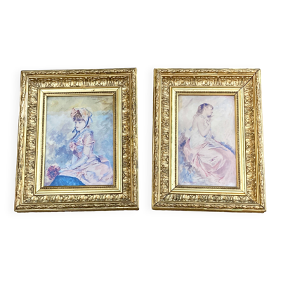Tableaux anciens Paire de portraits romantiques de femmes - cadres dorés