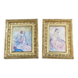 Old paintings Pair of romantic portraits of women - gilded frames