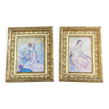 Old paintings Pair of romantic portraits of women - gilded frames