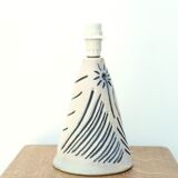 White and blue ceramic lamp, raffia shade
