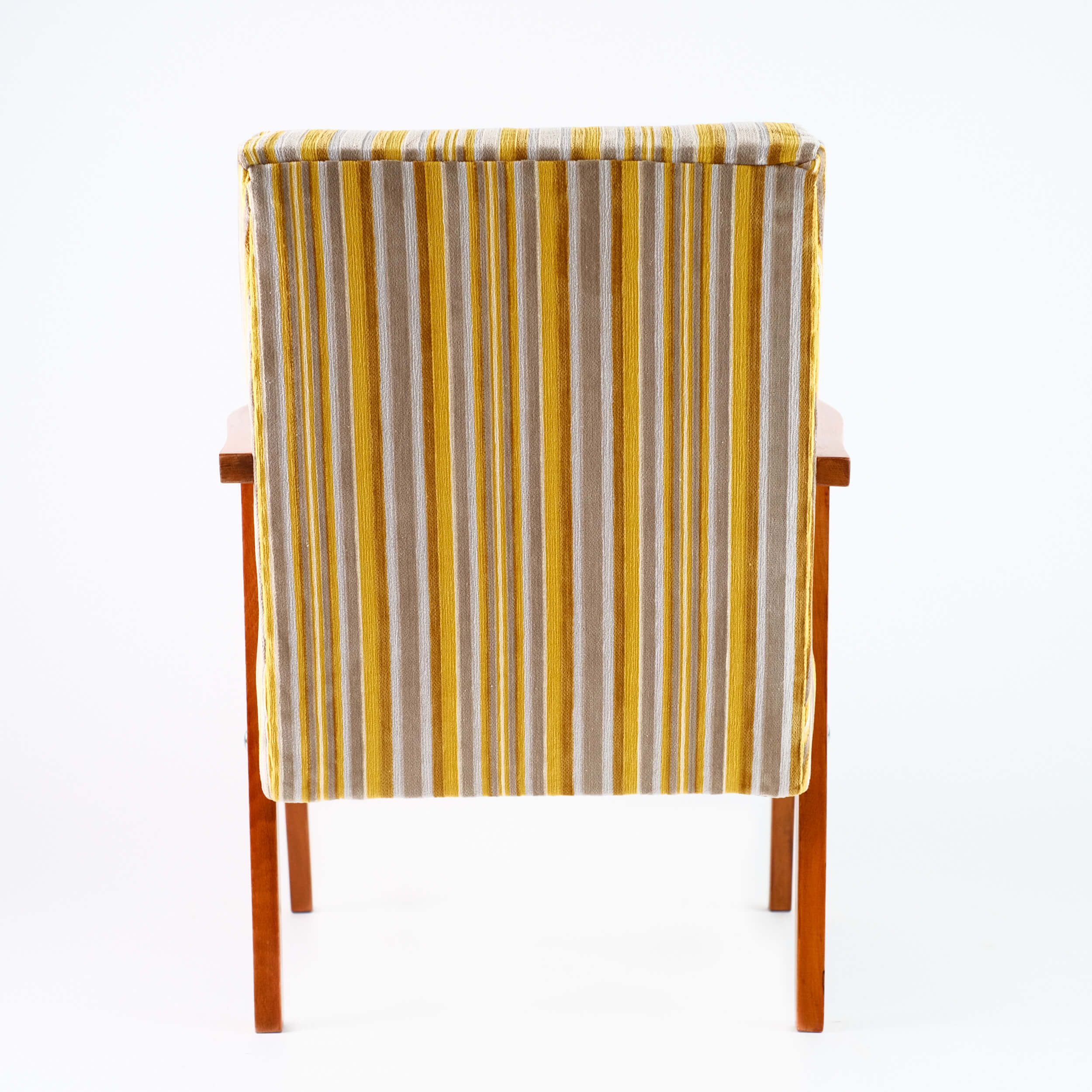 Vintage armchair yellow-gray stripes, velvet Pierre Frey, solid wood, 60s / 70s