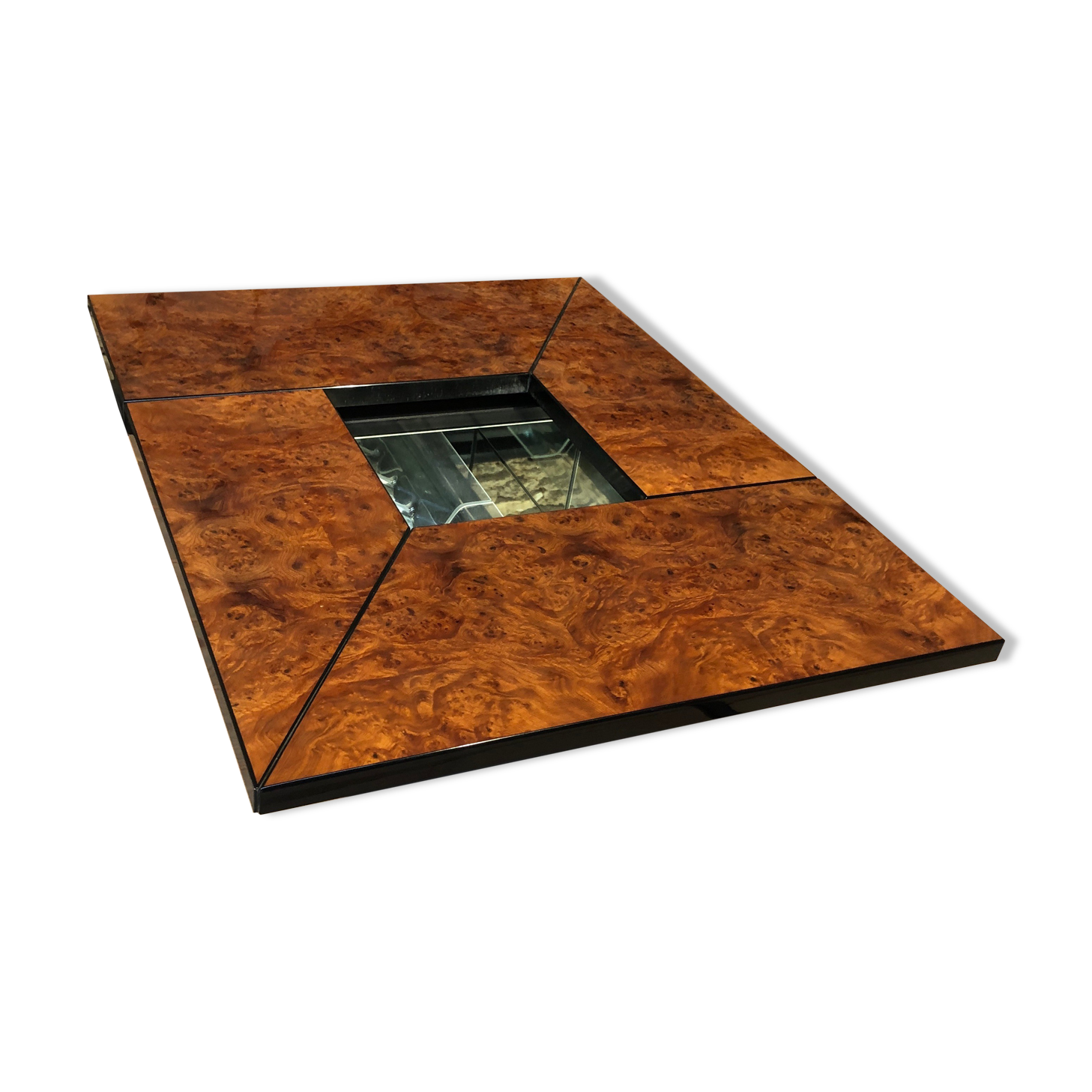 Table basse bar cocktail caché en loupe d'orme de Paul Michel, 1970 Roche Bobois