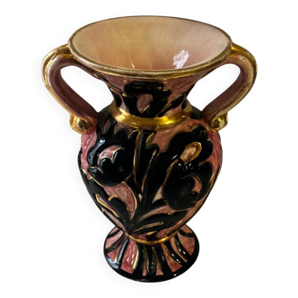Vintage Vallauris vase amphora with relief floral decoration.