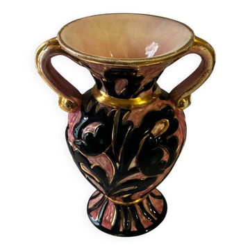 Vintage Vallauris vase amphora with relief floral decoration.