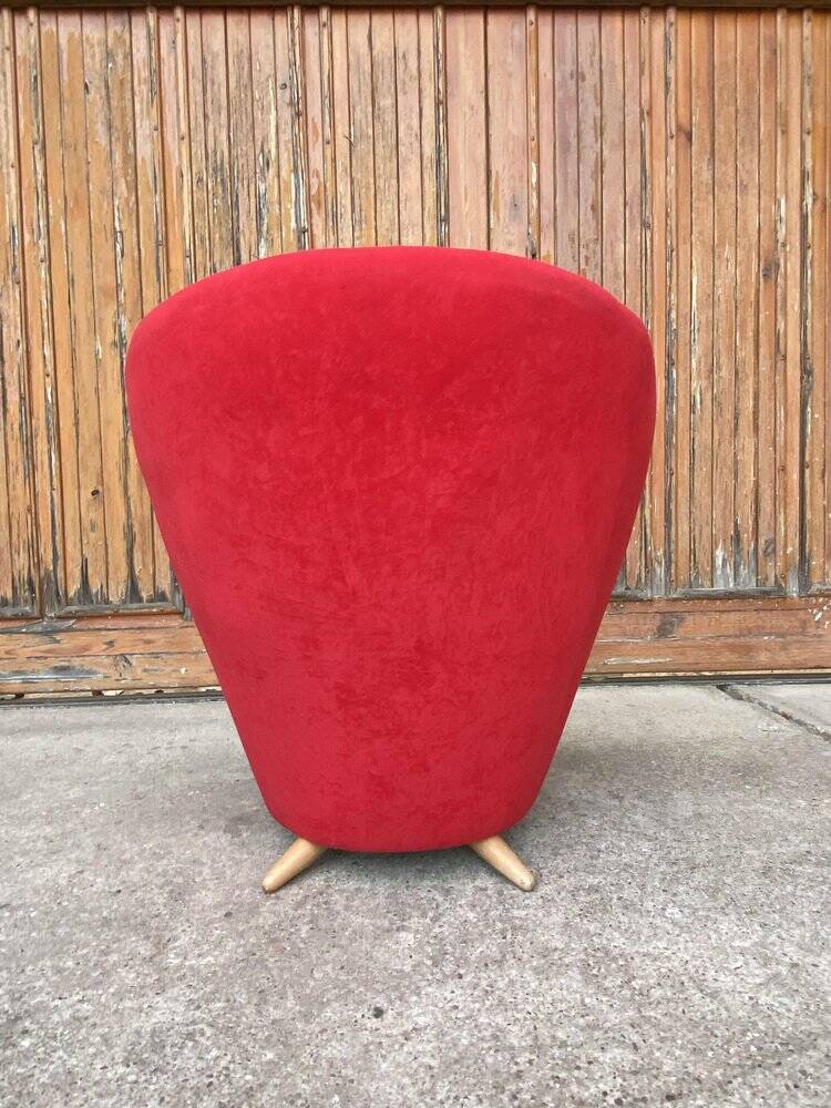 Vintage red cocktail chair in fabric, light wood ball feet - 1950s
