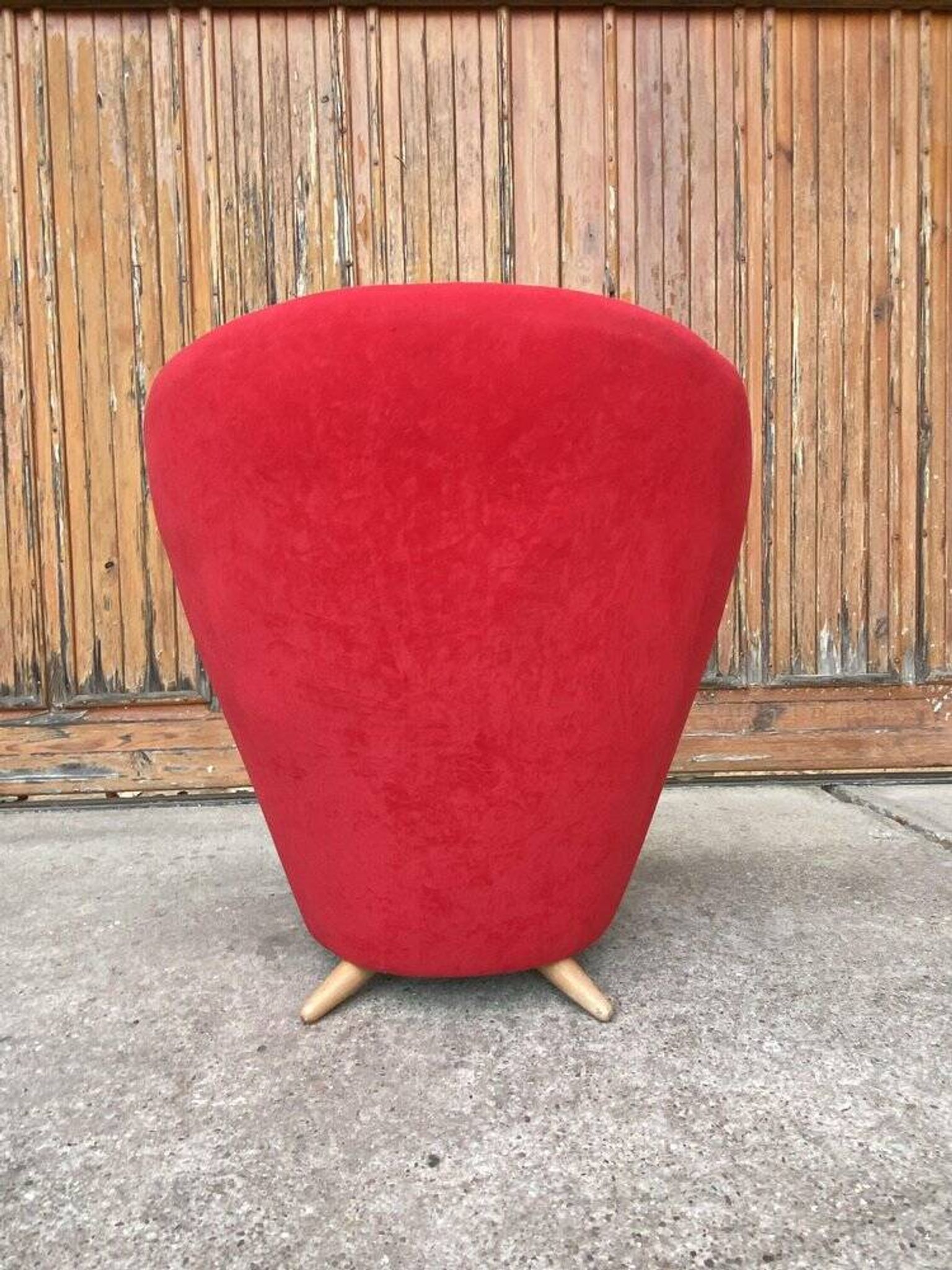 Vintage red cocktail chair in fabric, light wood ball feet - 1950s