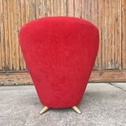Vintage red cocktail chair in fabric, light wood ball feet - 1950s