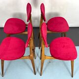 Set of four red velvet and wood dining chairs, Italy 1950