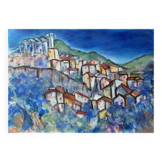 Corsican village painting in summer signed Chervet