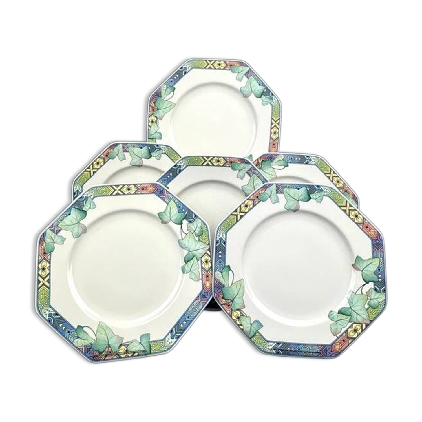 6 Villeroy & Boch Pasadena octagonal porcelain dessert plates with ivy decor