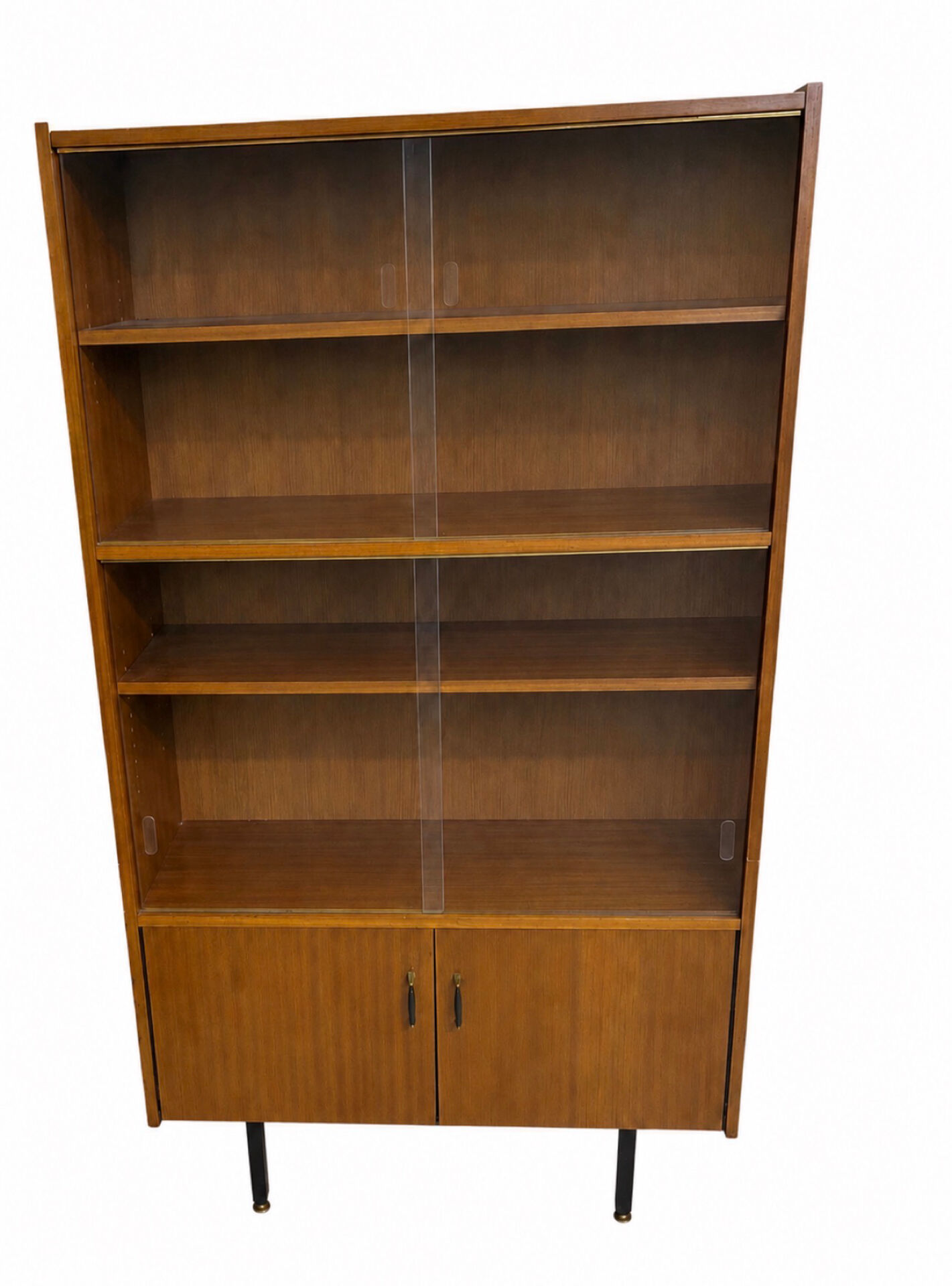 Modernist glass library from the 1960s in wood and black metal.