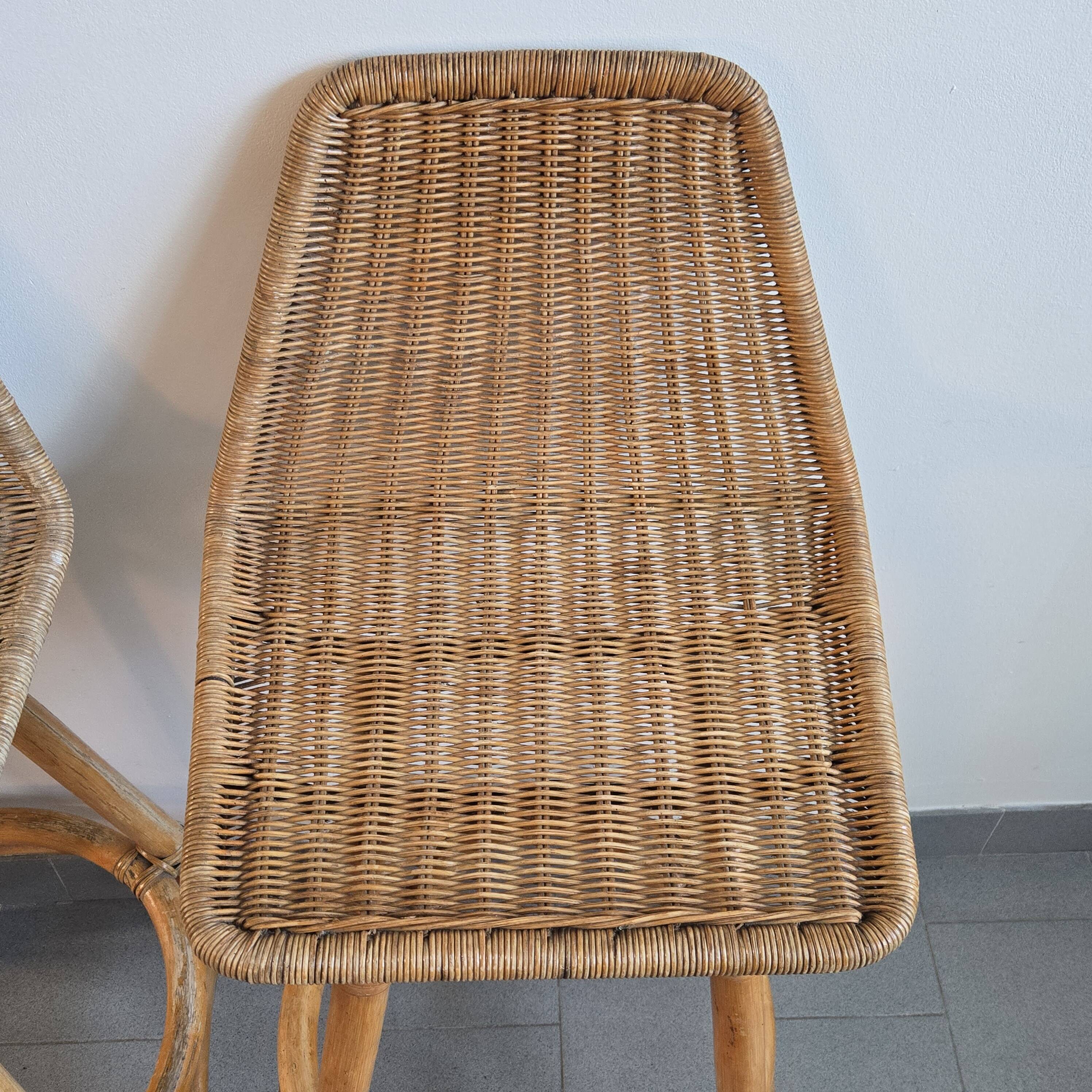 Pair of vintage rattan & bamboo stools 1950