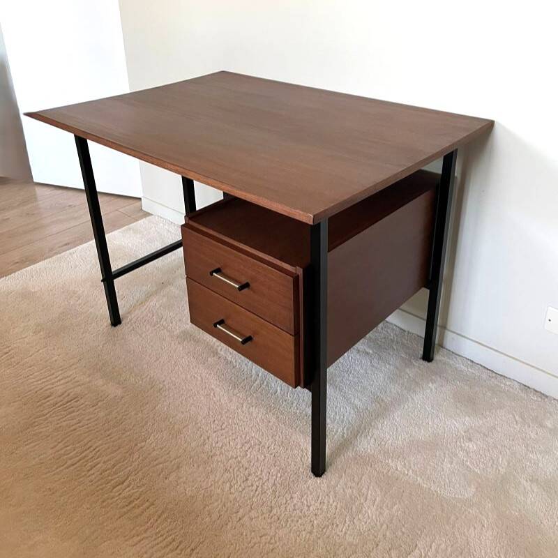 Bureau moderniste 2 tiroirs vintage en bois et métal noir