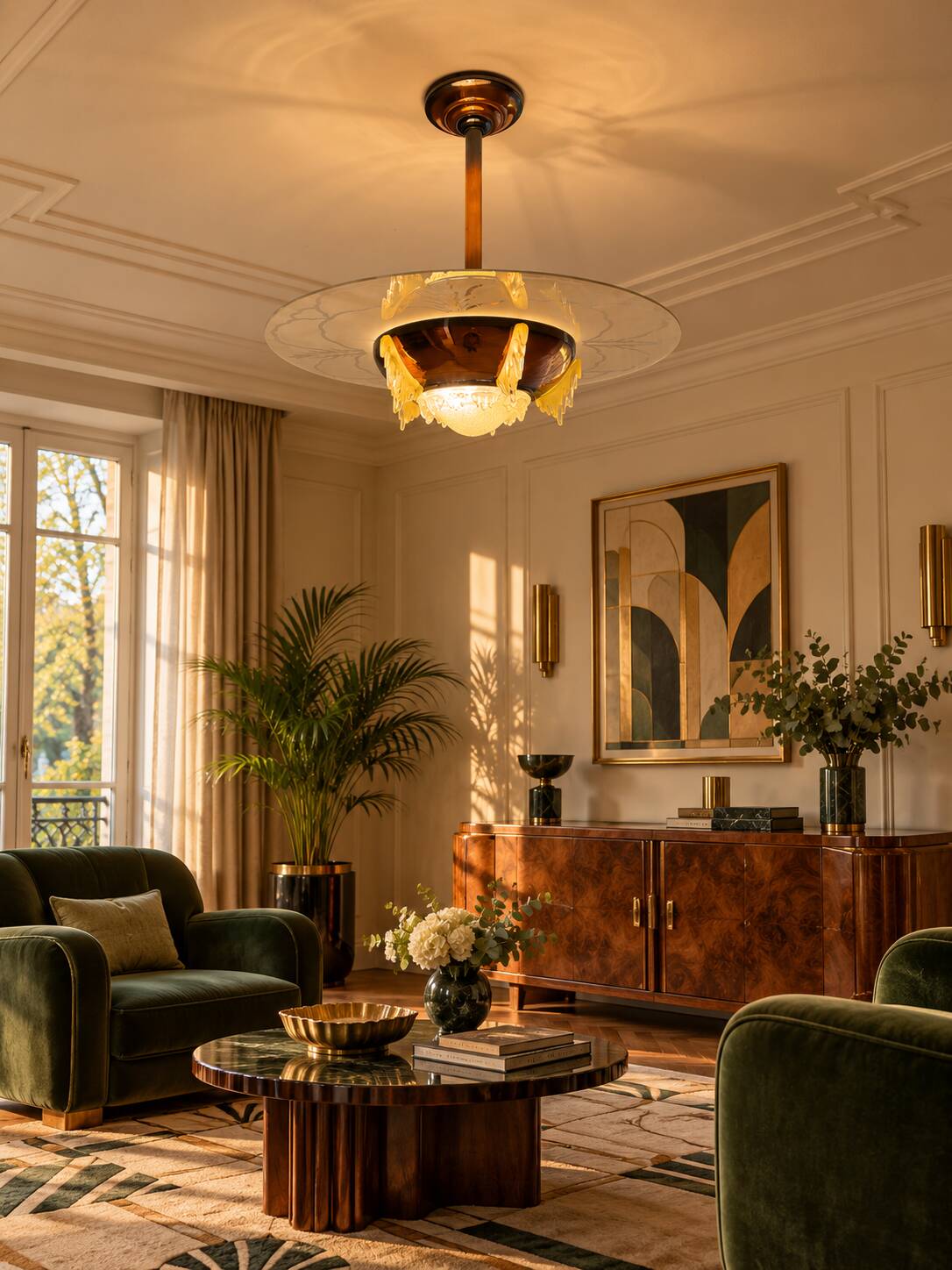 Art Deco pendant light in amber glass and etched glass – Ø 55 cm