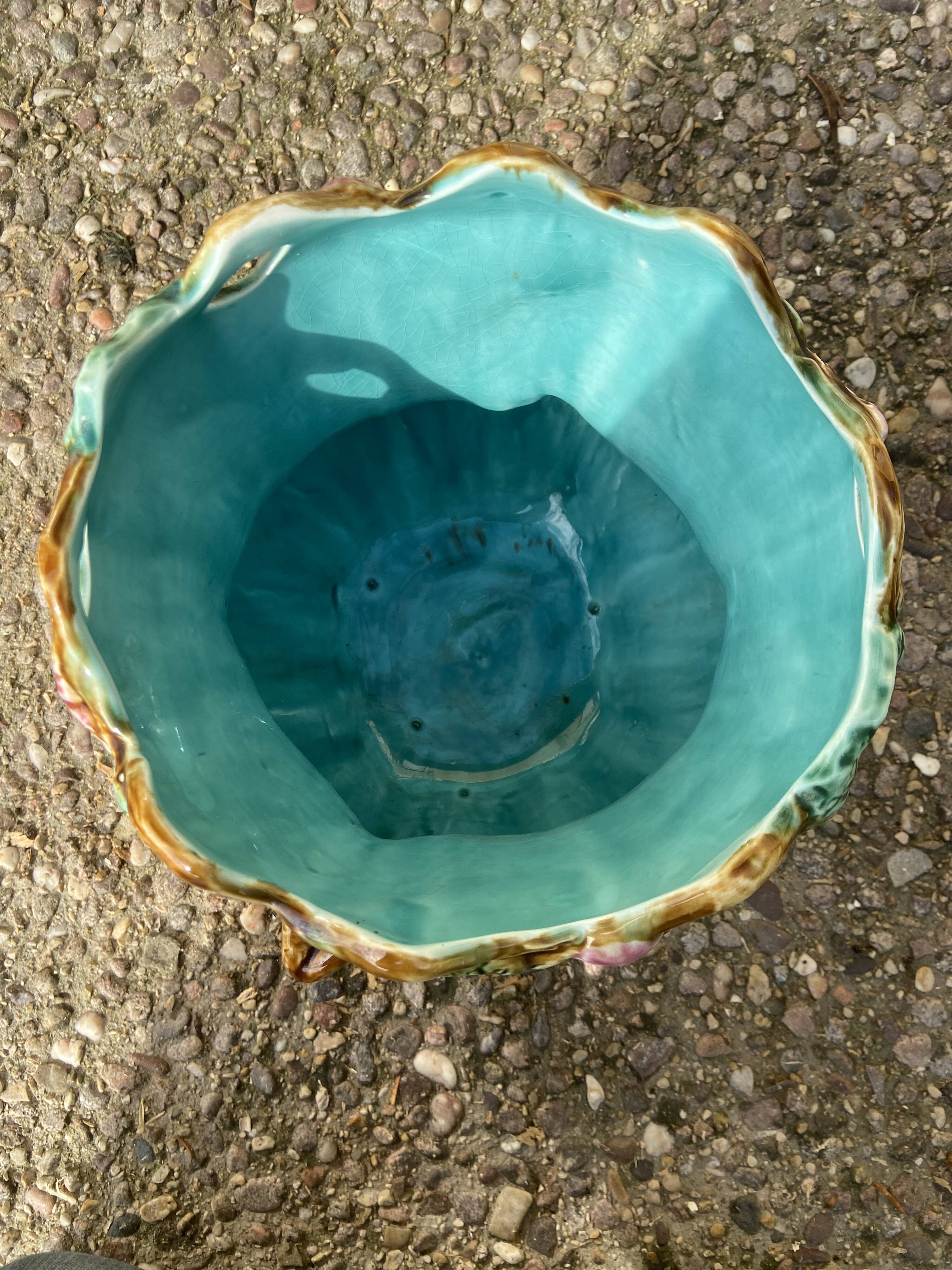 Antique cache-pot in majolica with floral decoration – Turquoise interior