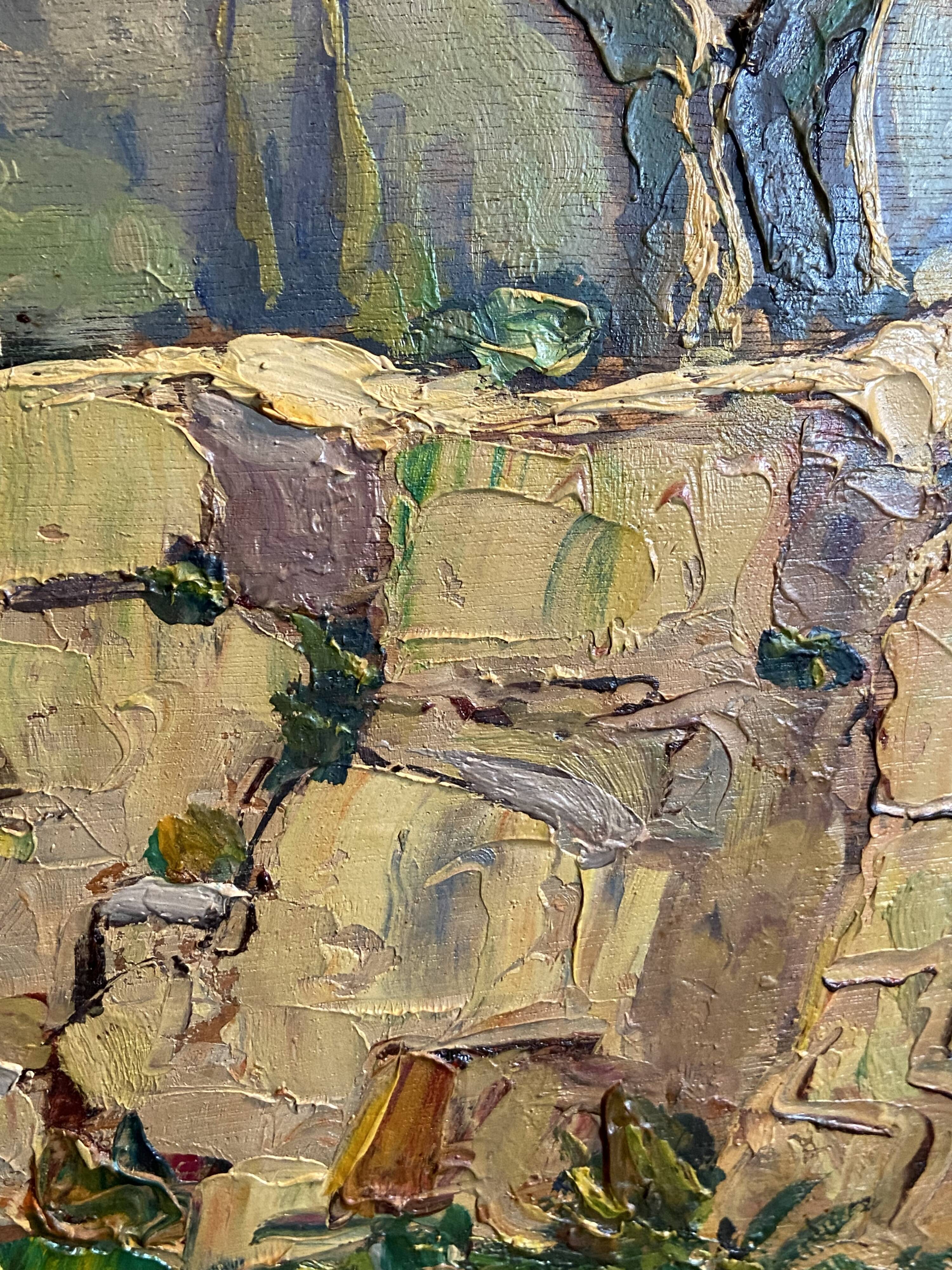 Landscape painting view from the village of Les Angles, Gard, Avignon, Hurard 1887-1956