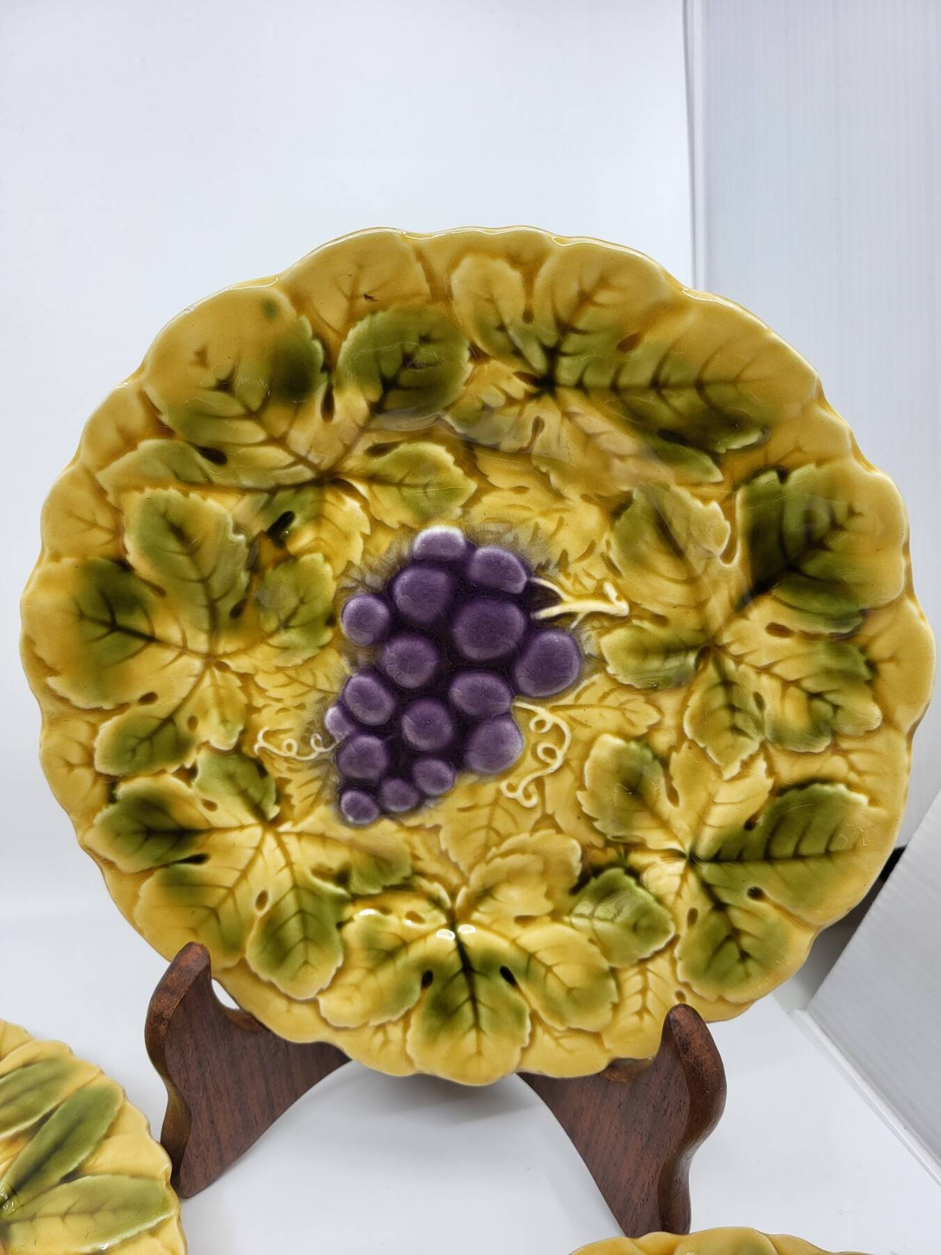 Sarreguemines dessert plates in barbotine with fruit decoration French Vintage