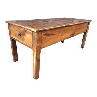 Old rustic farm table in solid cherry wood with 3 drawers and 1 pull.