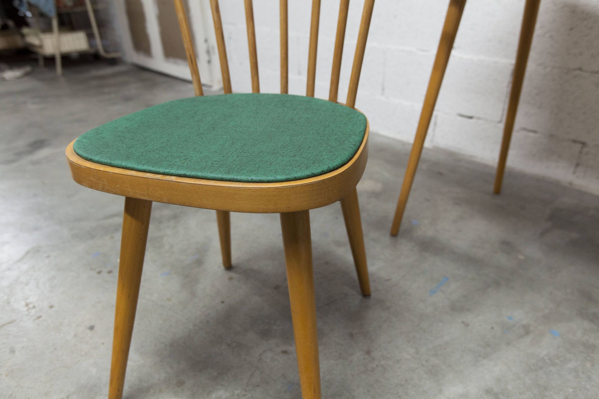 Baumann desk and chair, 1960s, Formica, wood and black, green seat