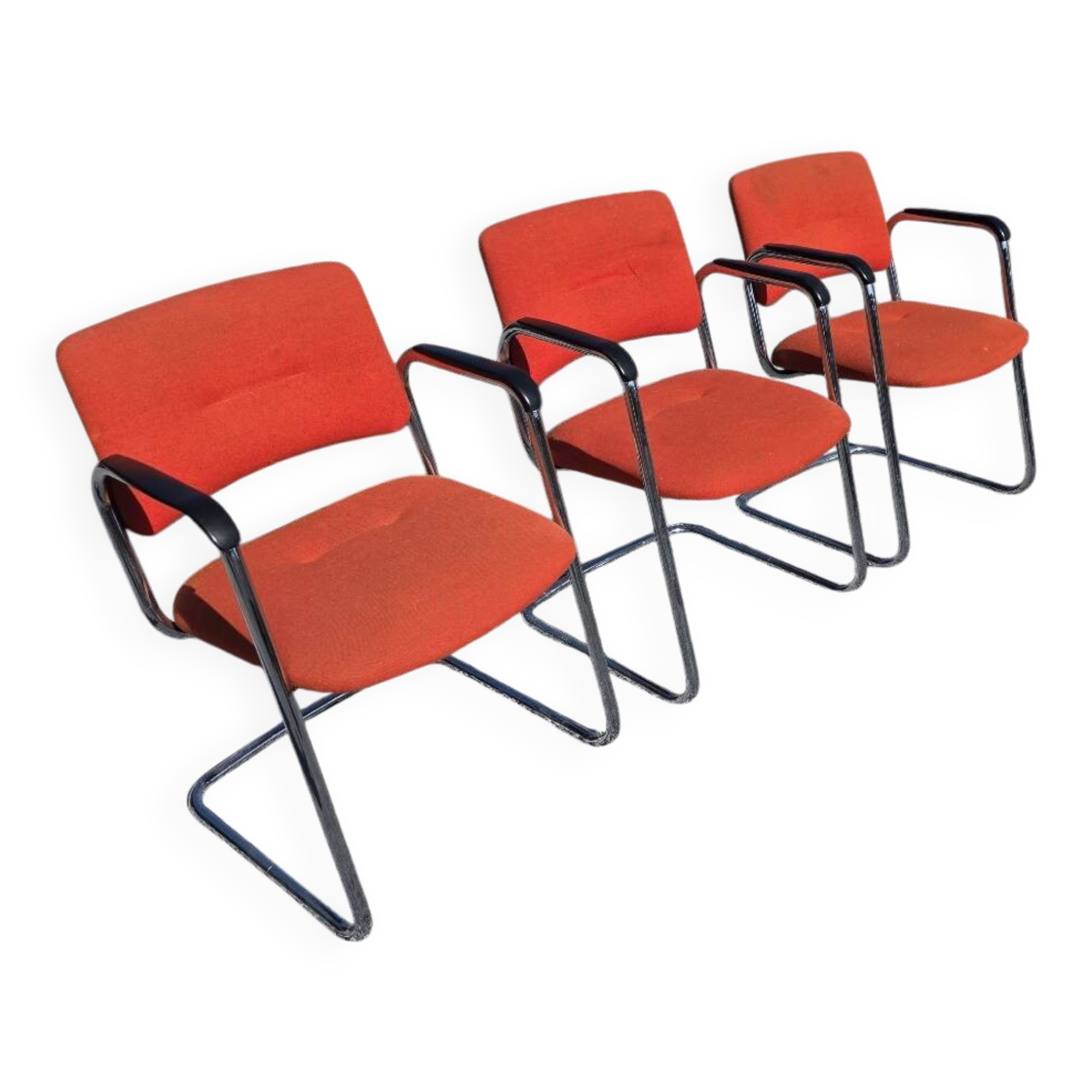 3 vintage chrome metal armchairs with orange fabric tops