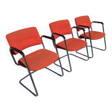3 vintage chrome metal armchairs with orange fabric tops