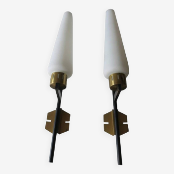 Pair of tall Italian black iron, brass and opaline glass wall lights, 1950s