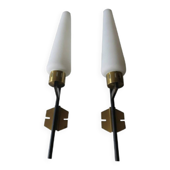 Pair of tall Italian black iron, brass and opaline glass wall lights, 1950s