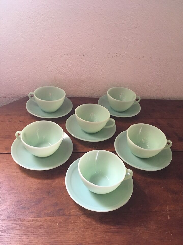 Serves six coffee cups opaline green water 60s.