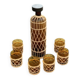 Service a porto ou a aperitif compose d'une carafe et de 6 verres, en verre de couleur ocre et rotin