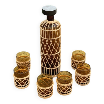 Port or aperitif service composed of a carafe and 6 glasses, in ocher and rattan colored glass