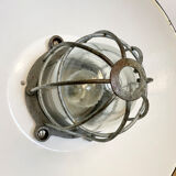 Black enamel and cast iron industrial cage pendant light , 1950s