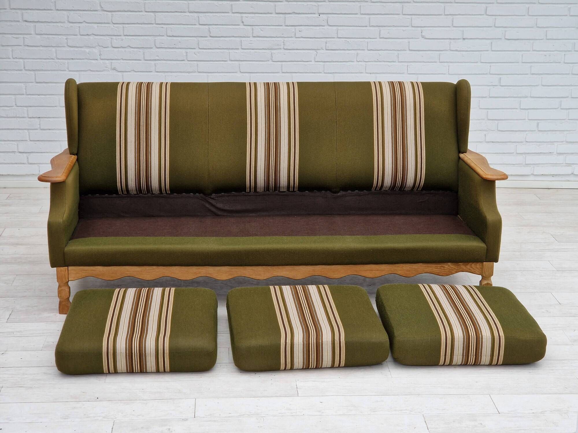 1970s, Danish vintage 3 seater, green fabric, oak wood, original condition.