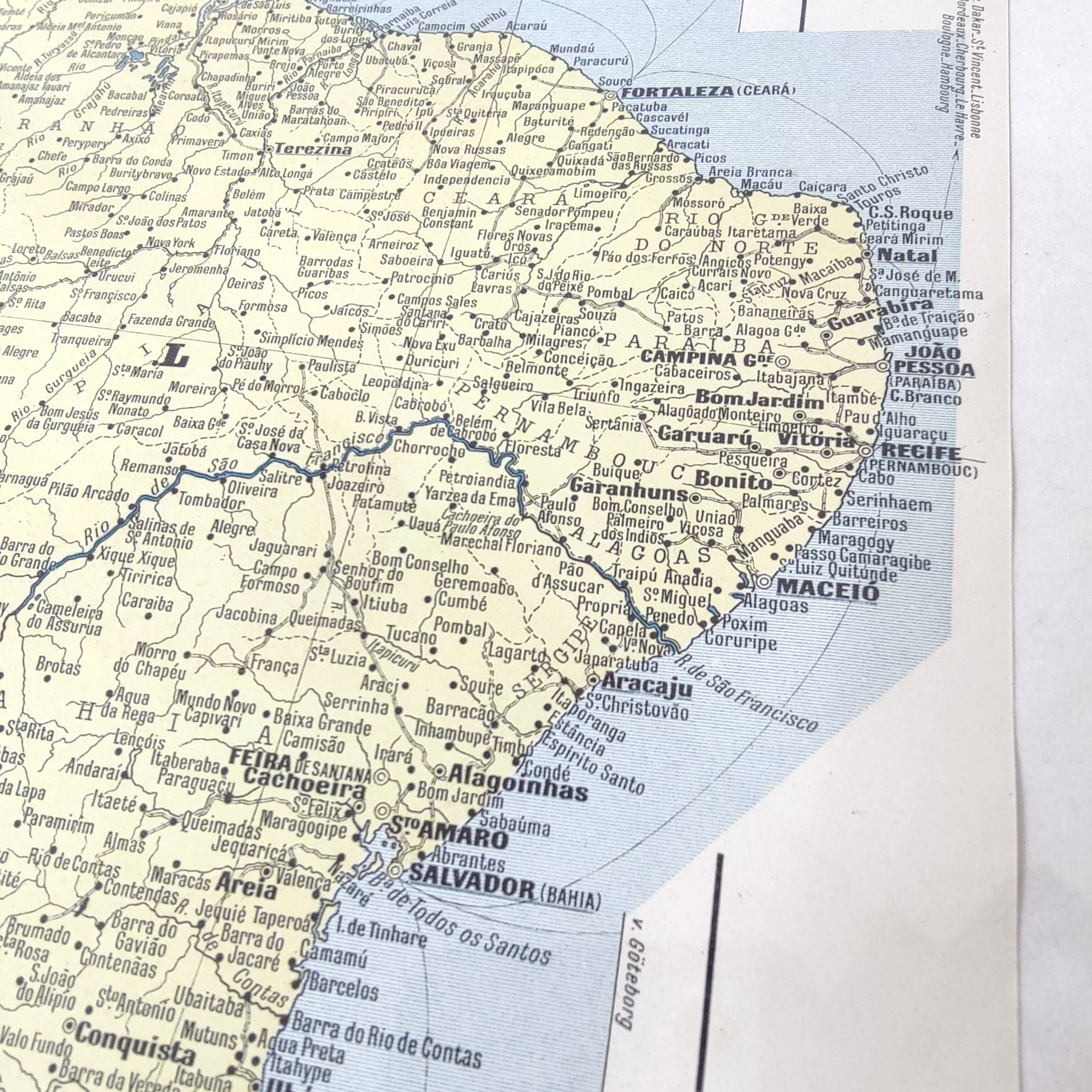 Old map of South America Brazil Bolivia Paraguay 43x43cm from 1950