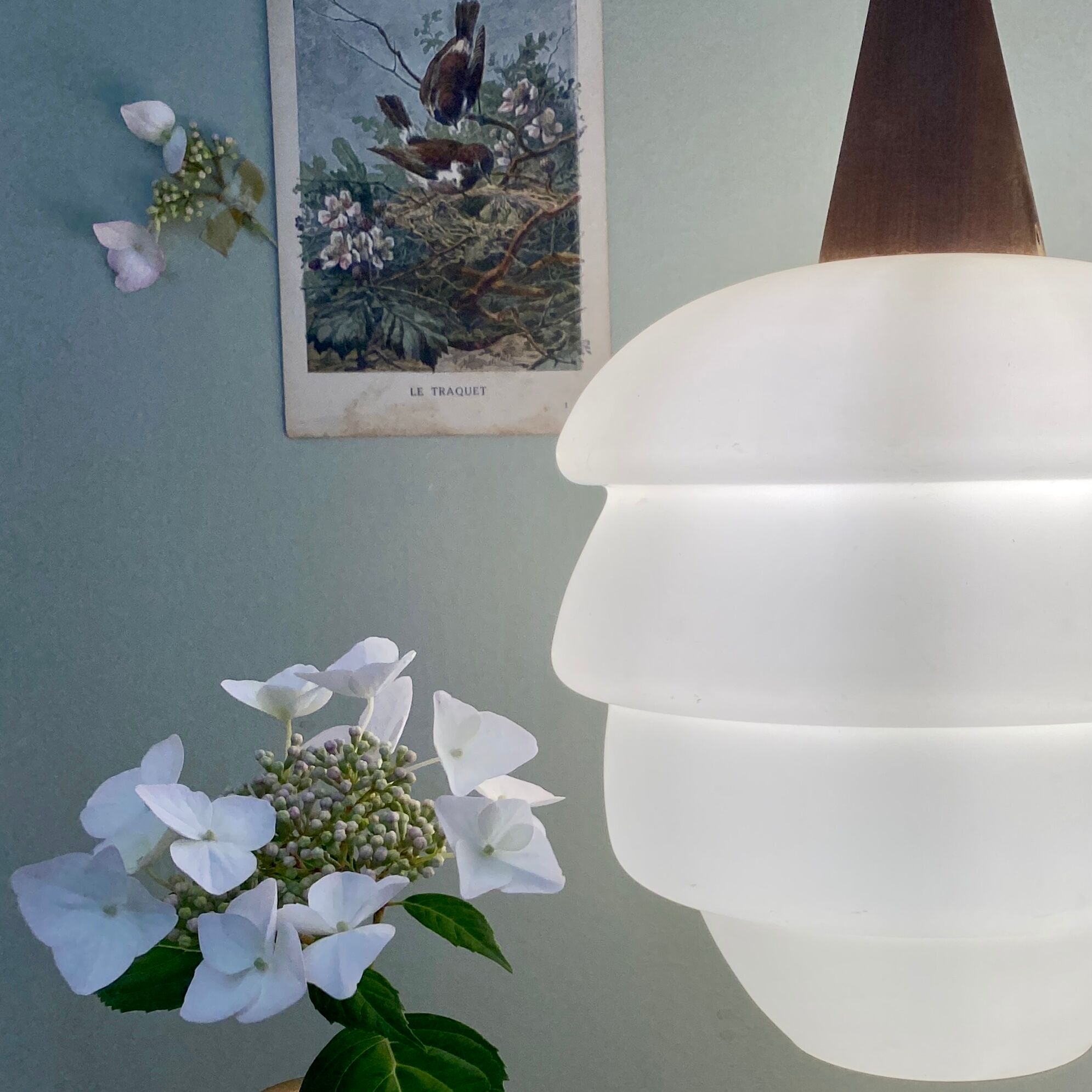 Vintage Scandinavian pendant lamp in teak and opaline