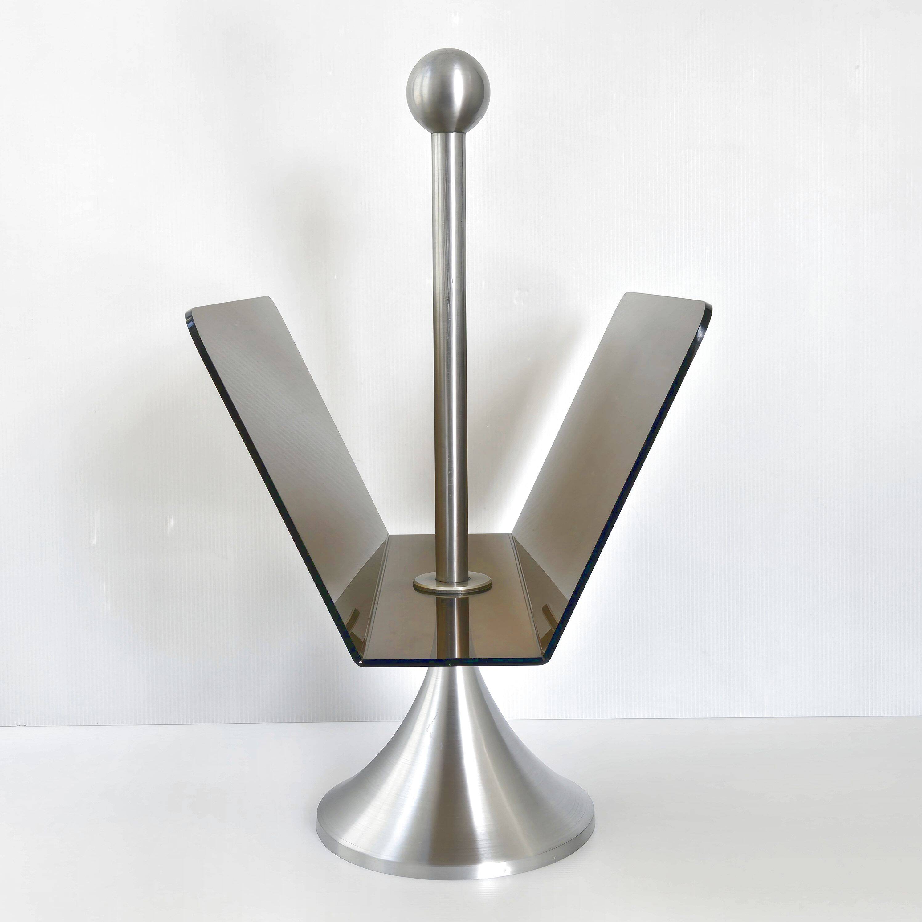 Vintage 1970s magazine rack in plexiglass and brushed steel