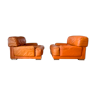 Pair of vintage Gérard Guermonprez armchairs, fawn and stainless steel leather, France 1970